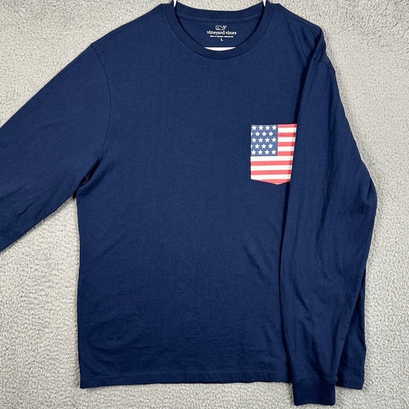 Vineyard Vines Mens Large Shirt Long Sleeve Tee Navy American Flag Pocket EUC